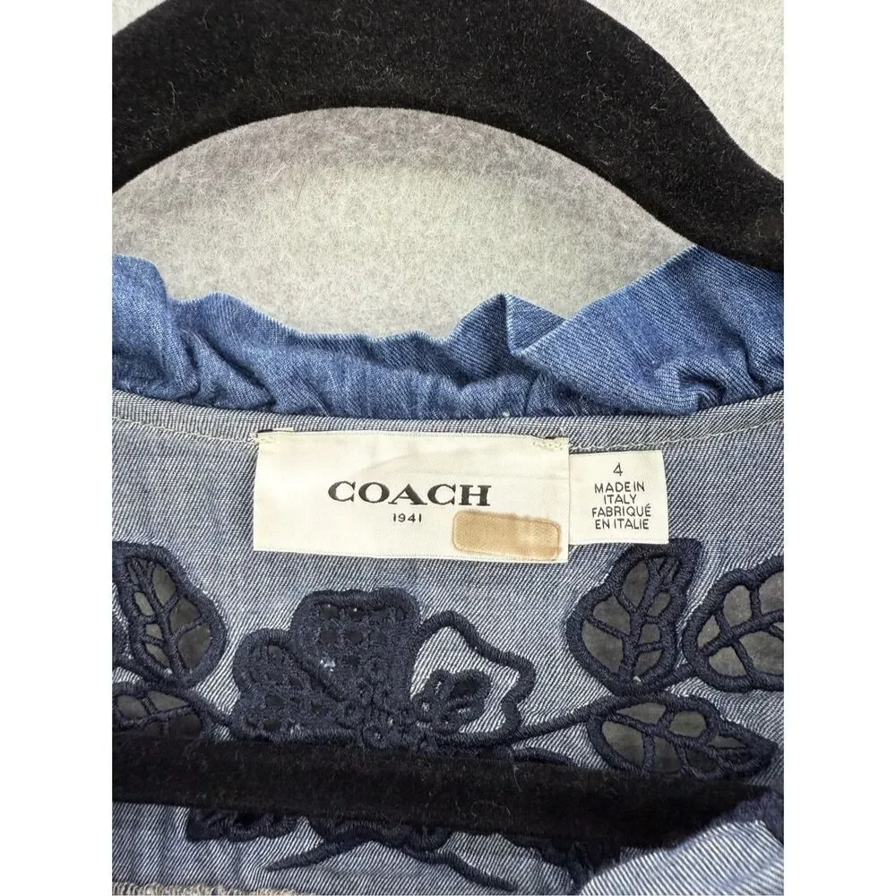 Coach Embroidered Denim Mini Shirt Dress Size 4 Made in Italy